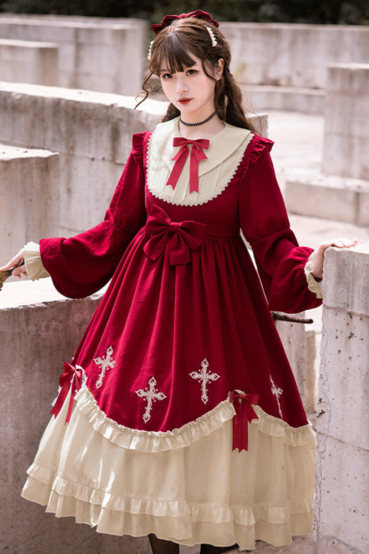 Retro Doll Collar Chest Bow Cross Embroidery Print Dark Girl Gothic Lolita OP Dress
