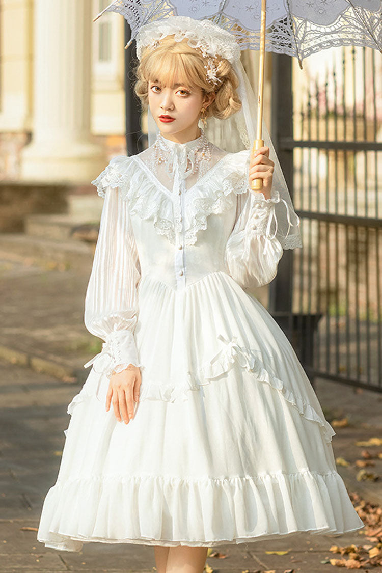 Gothic Lolita Dress with Hollow V Neck Long Sleeves Bowknot Hanayome Ruffled Design
