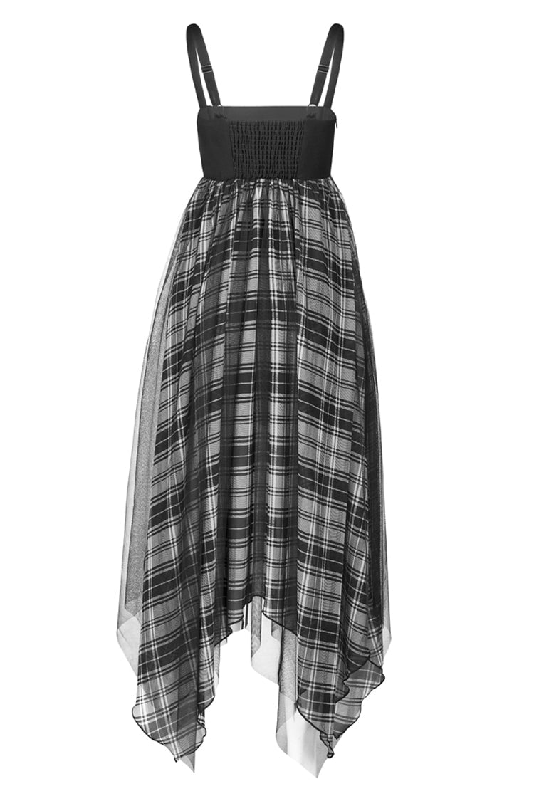 Charcoal Eyelet Strap Hem Plaid Chiffon Punk Slip Dress for Women