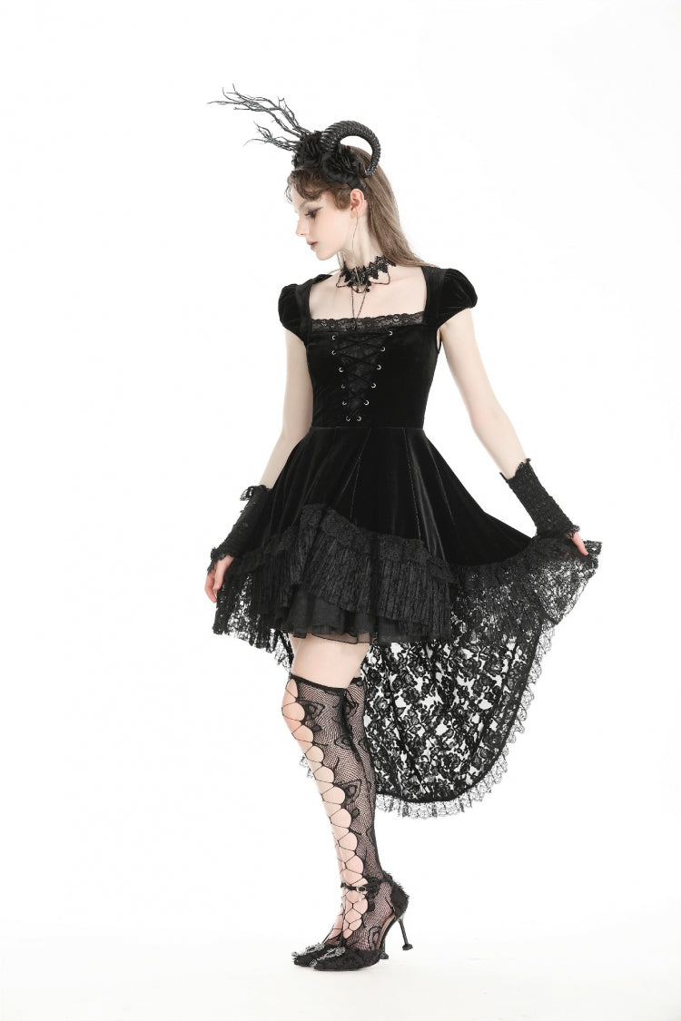 Noir Gothic Velvet Gown with Lace-Up and Square Neckline