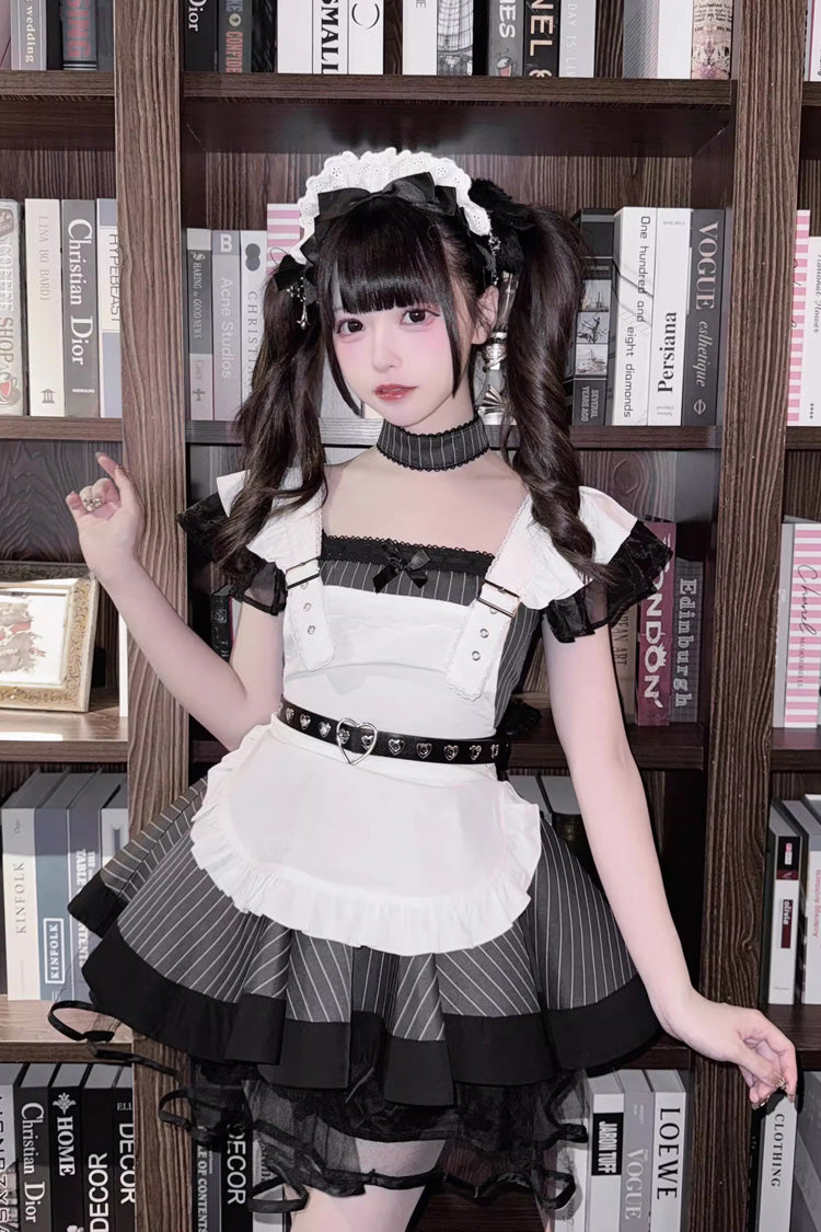Jirai Kei Dress with Stripe Print, Ruffle, Short Sleeves, Grey/Black