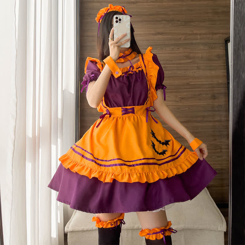 Cute Bat Embroidery Lace Up Ruffled Maid Dress