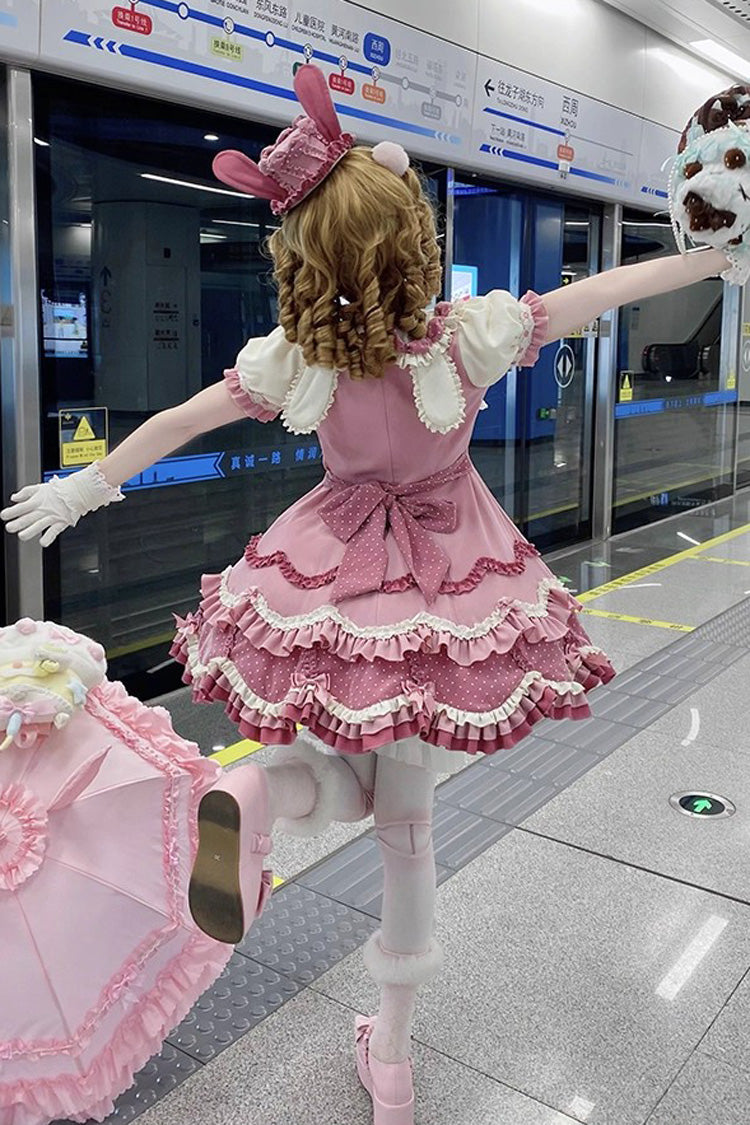 Bunny Parfait Short Sleeve Multi-Layered Ruffled Bow Sweet Lolita Dress - Pink