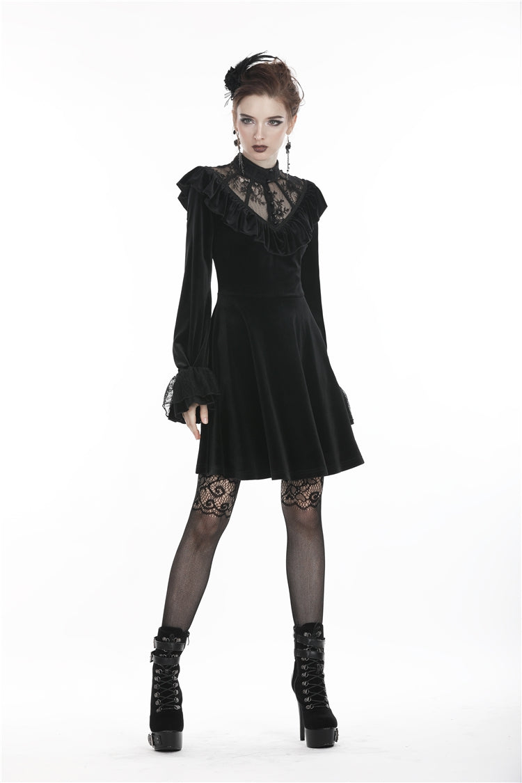 Black V-neck Long Sleeves Ruched Ruffled Lace Women's Lolita Gothic Velvet Dress