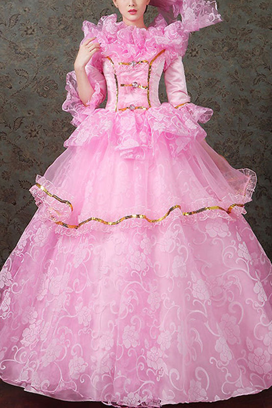 Victorian Floral Embroidered Dress with Diamond Buttons