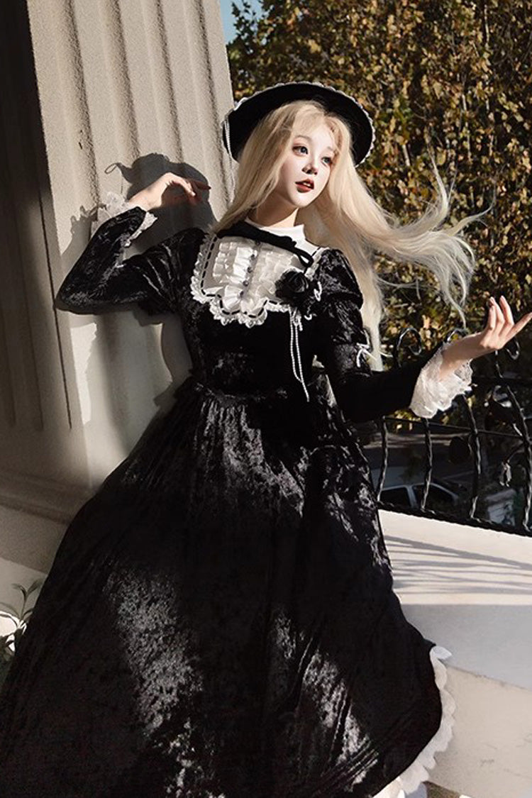 Noir Long Sleeve Ruffle Bow Lace Gothic Dress - Whispering Castle