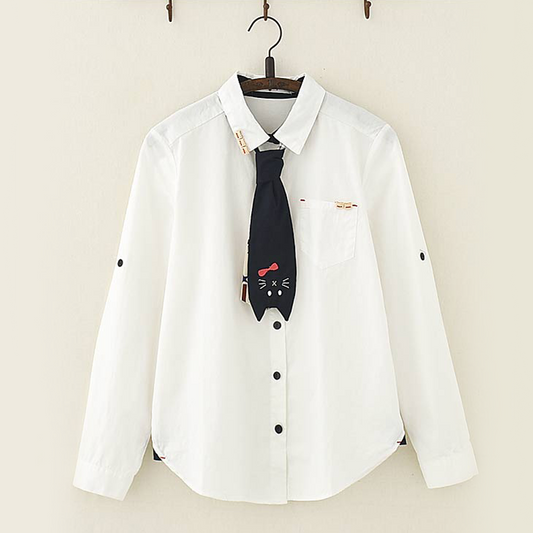 Cute Cat Tie Wooden Buckle Shirt