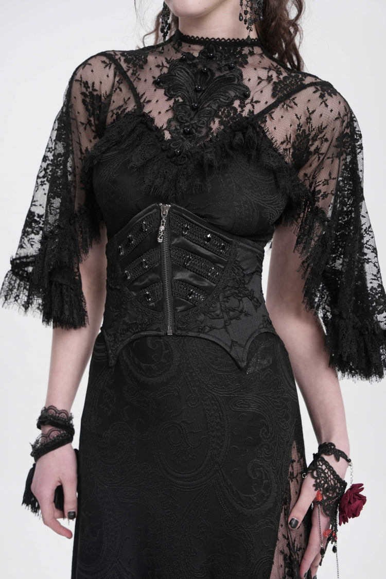 Underbust Corset with Batwing Beaded Lace-Up & Zip Closure