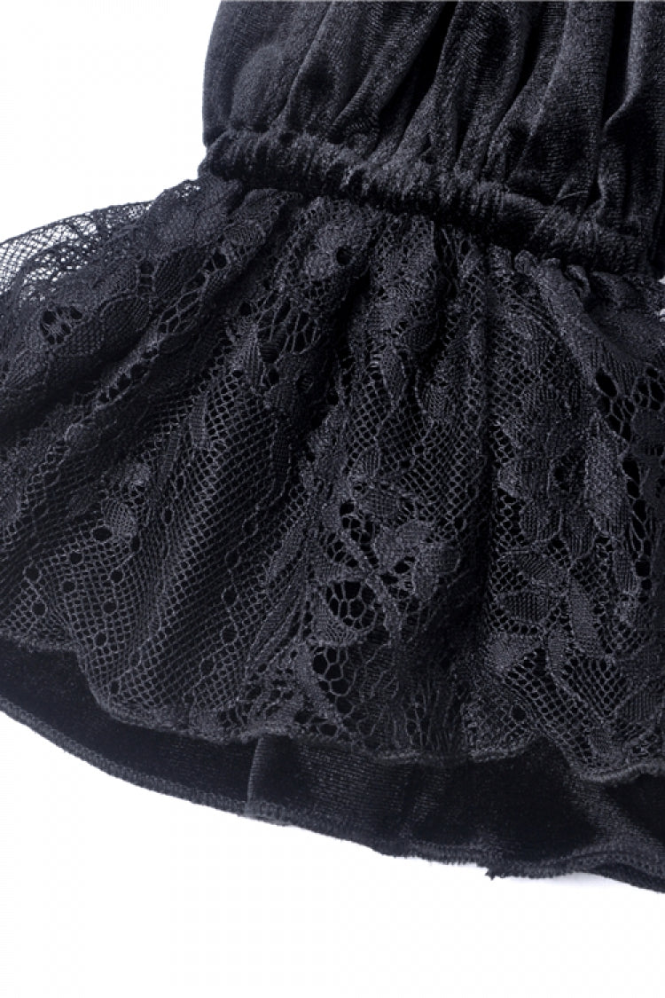 Black V-neck Long Sleeves Ruched Ruffled Lace Women's Lolita Gothic Velvet Dress