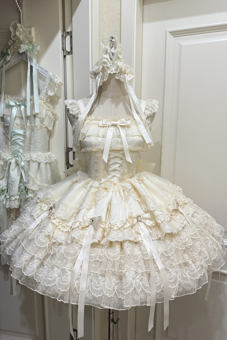 Peach Sleeveless Layered Ruffle Bow Lace Corset Ballet Jumper Dress - Ribbon Heart Love