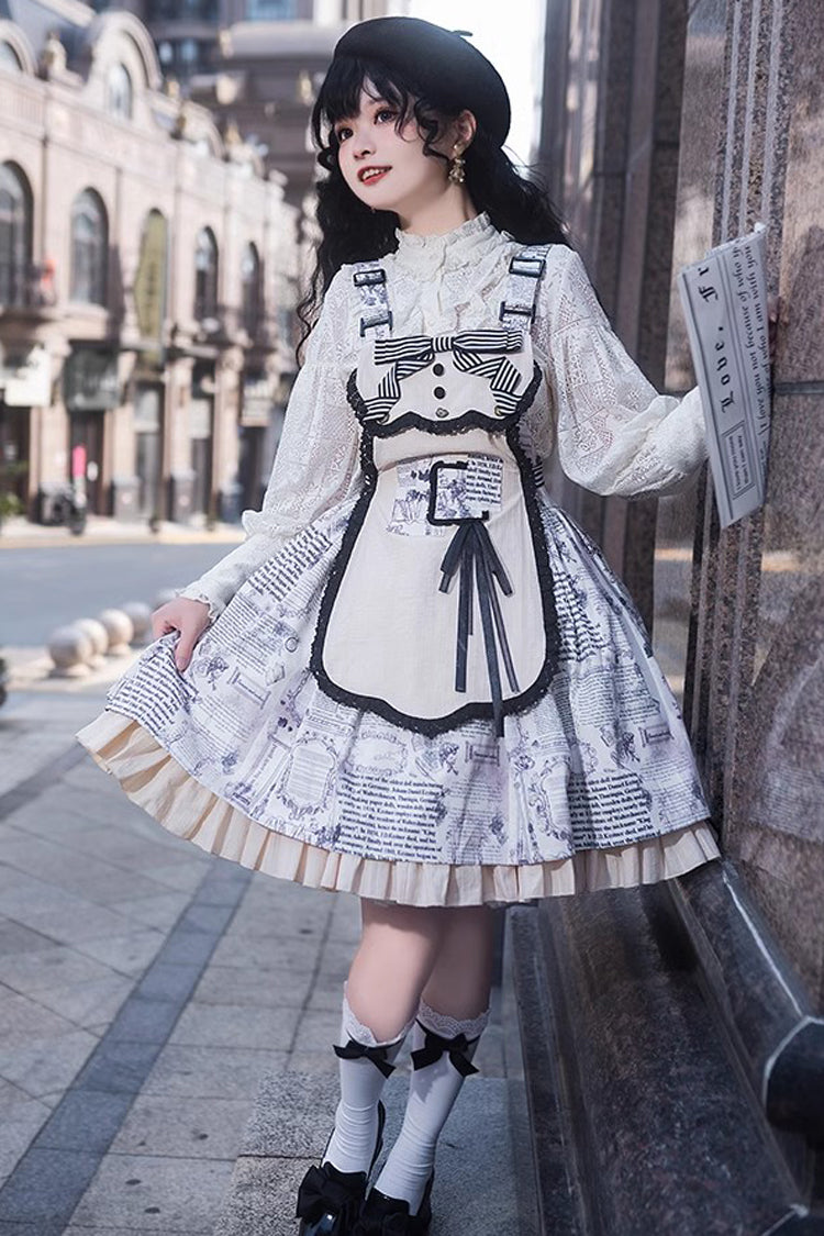 White Classic Lolita Strap Dress with Vintage Berlin Print and Apron