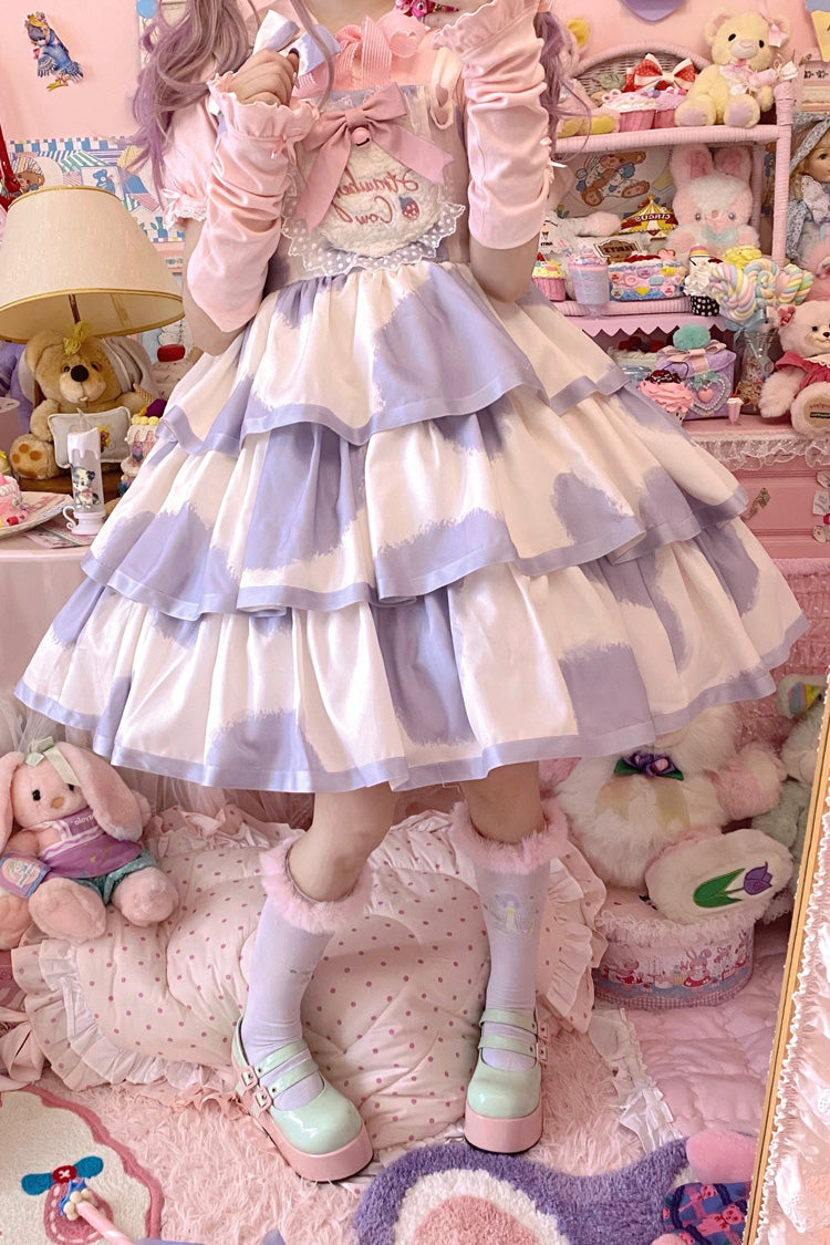 Blue Sleeveless Triple Layer Cow Print Ruffle Bow Sweet Jsk
