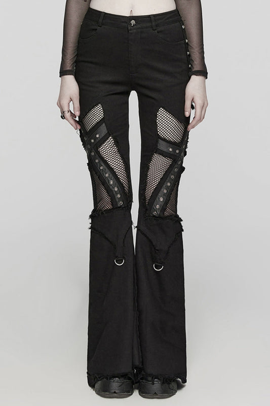 Flared Punk Pants with Eyelet Rings and Mesh Insets