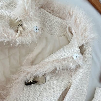 Elegant Fuzzy Lapel Coat Pleated Mini Skirt Set