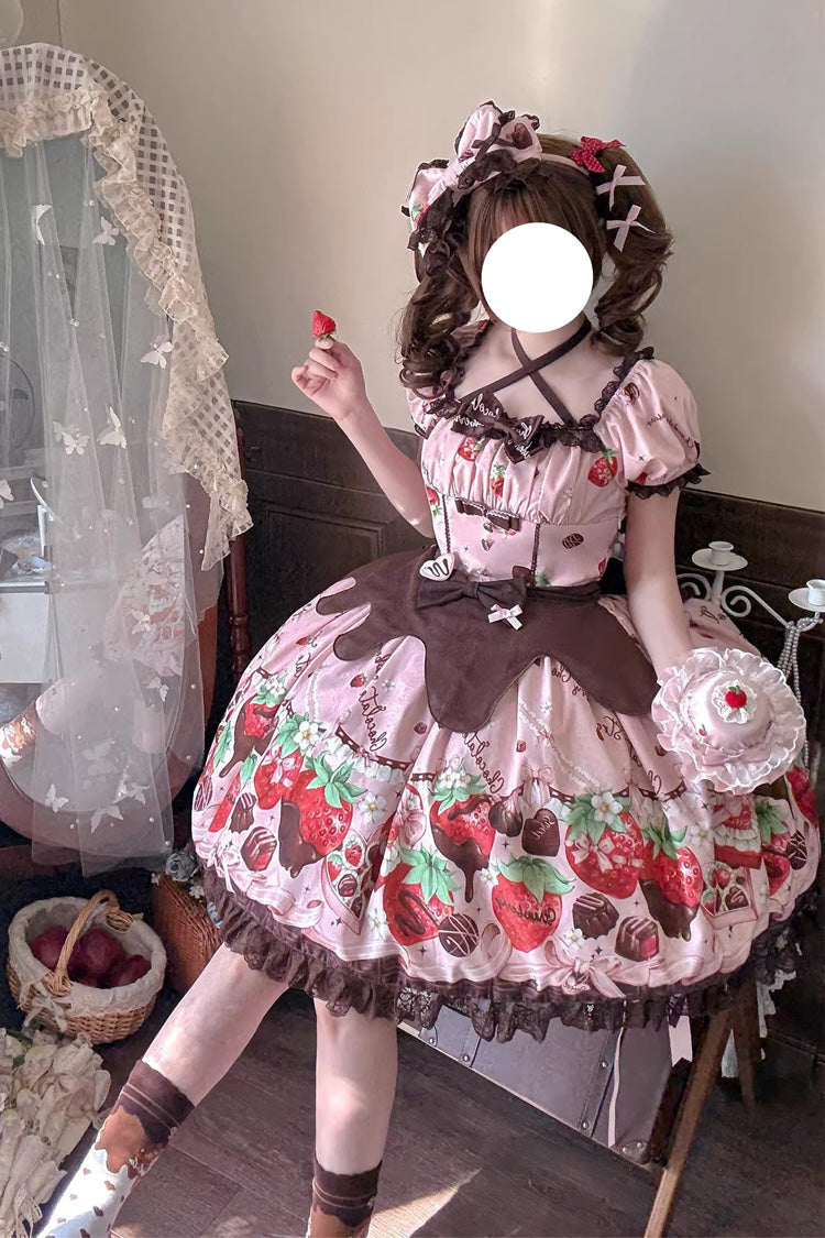 Chocolate Lover Square Collar Printed Bow Lace Sweet Lolita Dress
