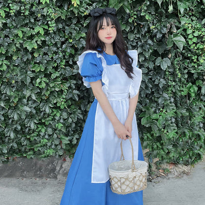 Lolita Blue Lapel Ruffled Maid Long Dress