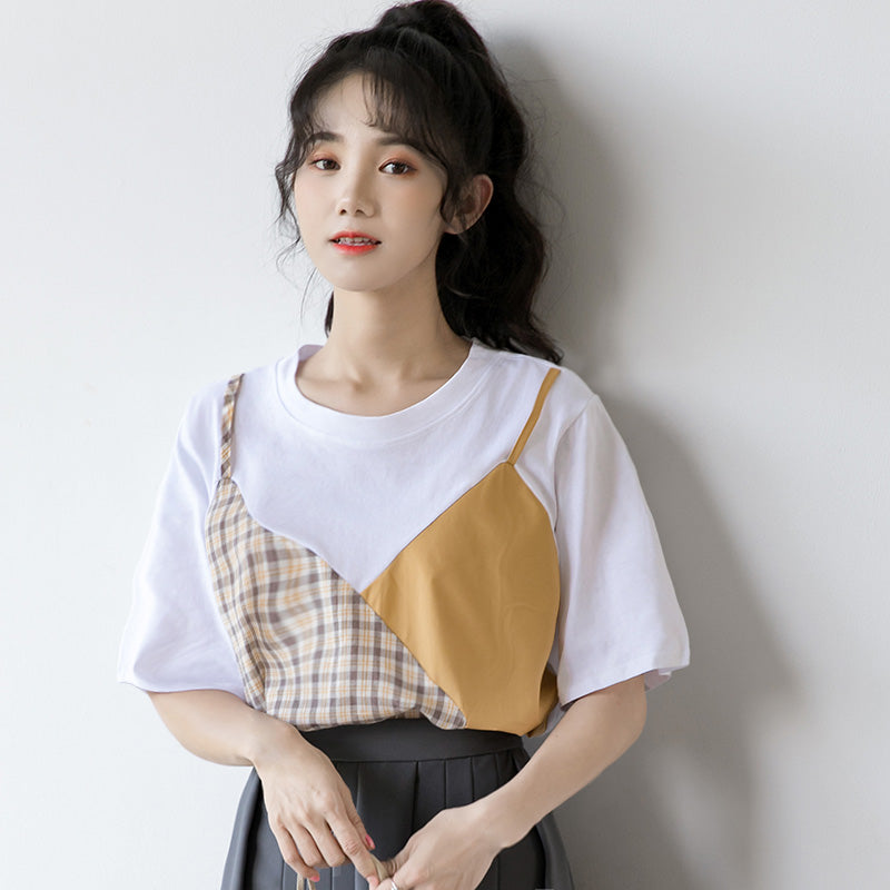 Sweet Plaid Color Block Fake Two Piece T-Shirt