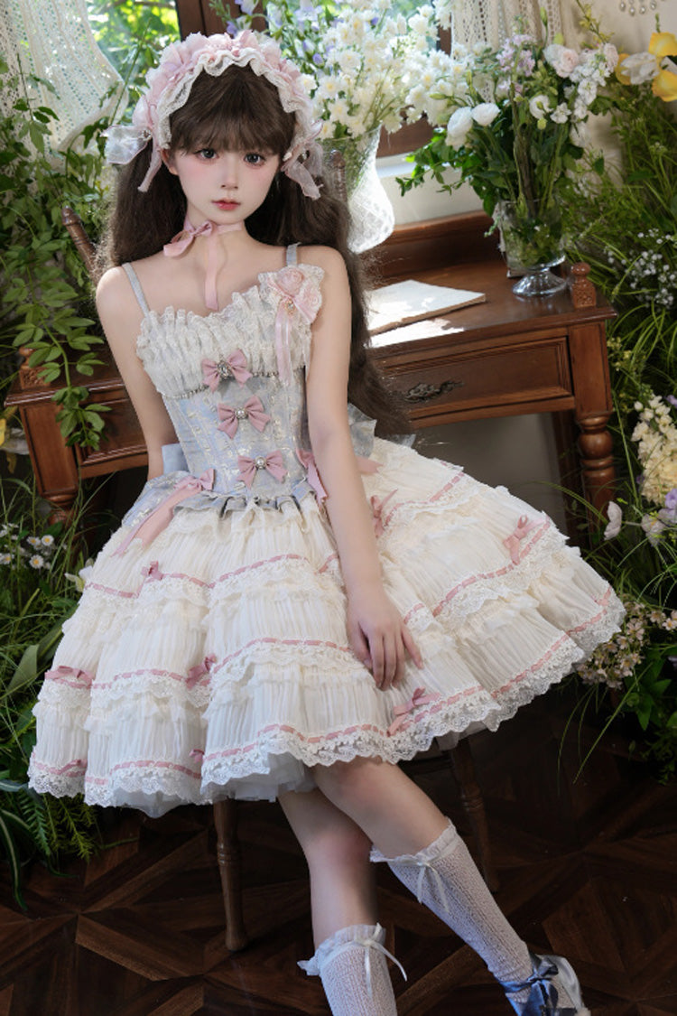 Sea Salt Souffle Sleeveless Multi-Tier Bow Lace Ballet Lolita Jumper Dress