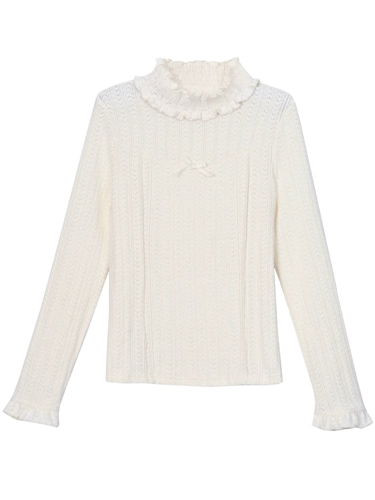 White High Neck Ruffle Trim Long Sleeves Top