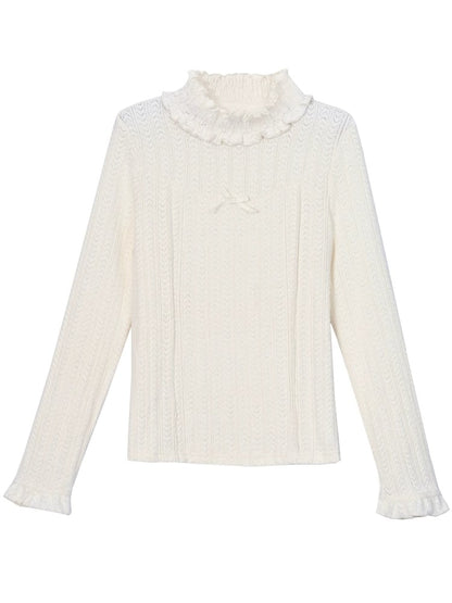 White High Neck Ruffle Trim Long Sleeves Top