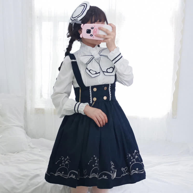 Sailor Collar Shirt Cartoon Dolphin Print Suspender Skirt