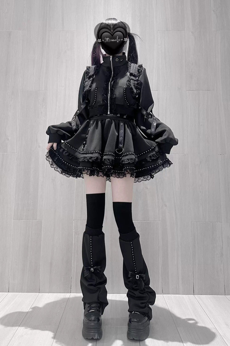 Ruffled Lace Zippered Gothic Jirai Kei Handsome Skirt Set