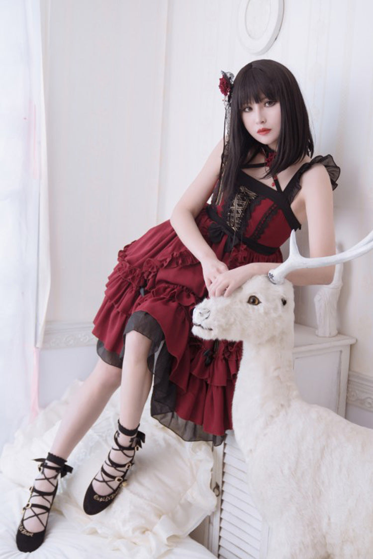 Crimson Seven Deadly Sins Wrath Double-Layer Ruffled Stitch Lace Gothic Lolita JSK
