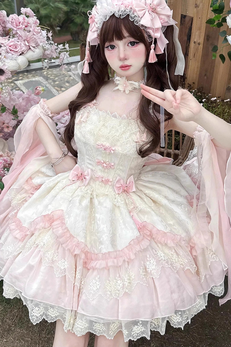 Blush Ruffle Embroidered Bow Chinese Style Elegant Sweet Jumper Dress - Lyrics in the Midst of Flowers