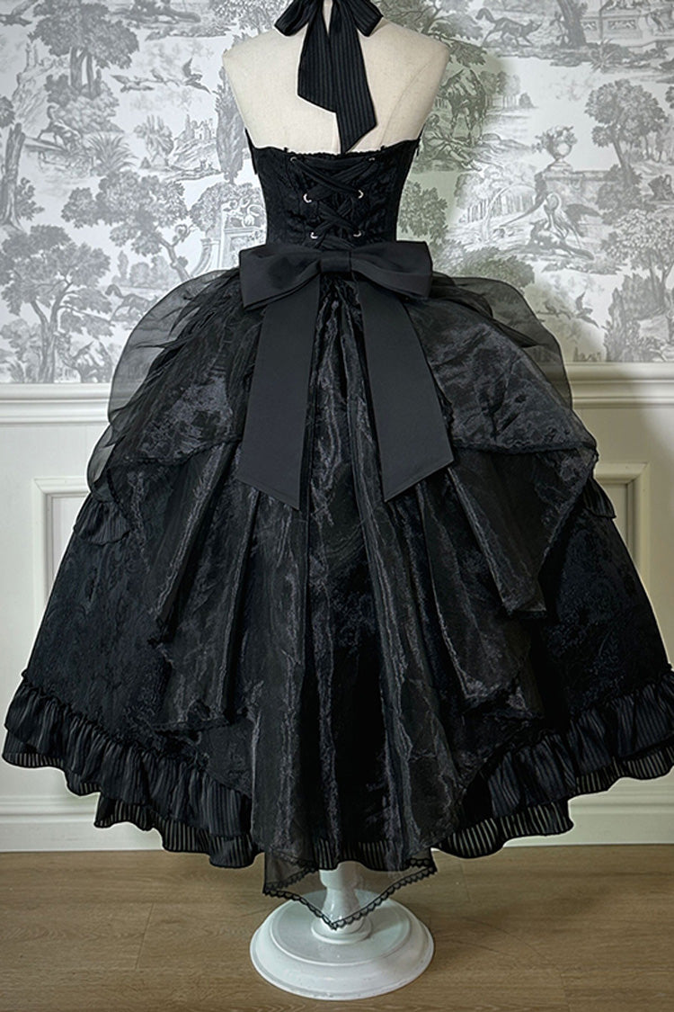 Solid Halterneck Ruffled Bowknot Drawstring Gothic Lolita Dress