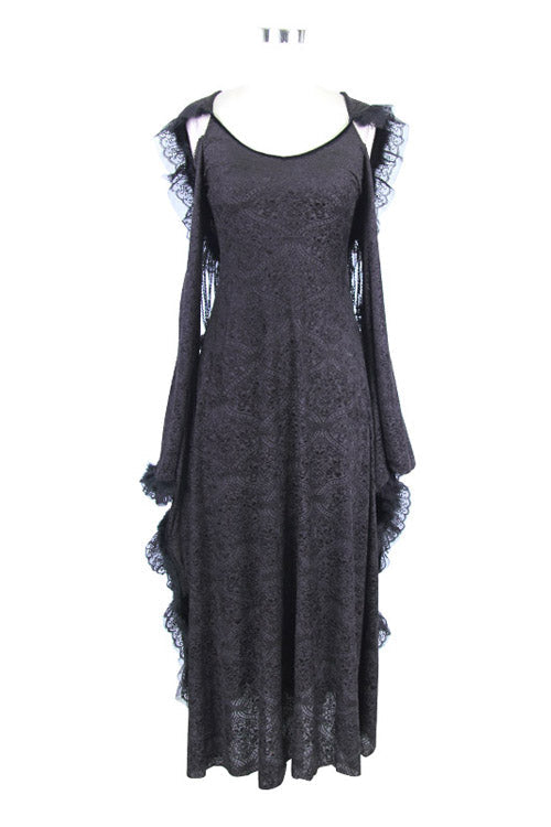 Gothic Oversized Cuffs Stretchy Floral Off-Shoulder Hooded Maxi Dress