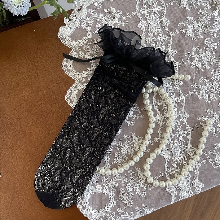 Underknee Hollow-out Stockings Lace Bowknot Details Trim Yellow/White Black/Light