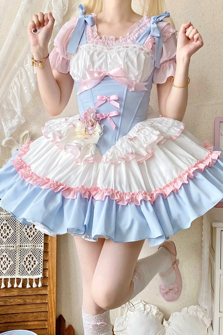 Light Blue Pink White Fairy Tale Overture Triple-Layered Ruffle Bow Fishbone Ballet Dress