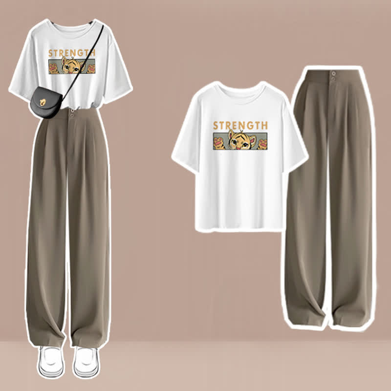 Cartoon Print T-Shirt High Waist Wide Leg Pants