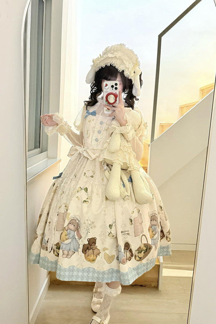 Ivory [Midsummer Bunny Bear] Printed Ruffled Bow Sweet Lolita Dress 2 Versions