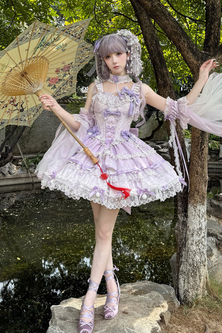Purple [Prelude of Spring Cherry] Square Collar Sleeveless Multi-Layered Jacquard Ruffled Bow Lace Pearl-Decorated Sweet Lolita Jsk Dress