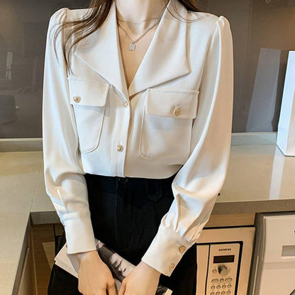 White Casual Lapel Neck Pocket Shirt