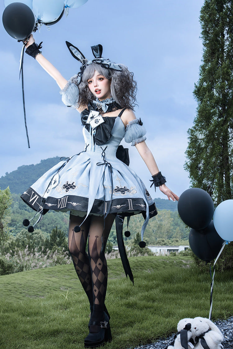 Clock Rabbit Card Game Sleeveless Jacquard Ruffle Embroidered Bow Gothic Jumper Dress