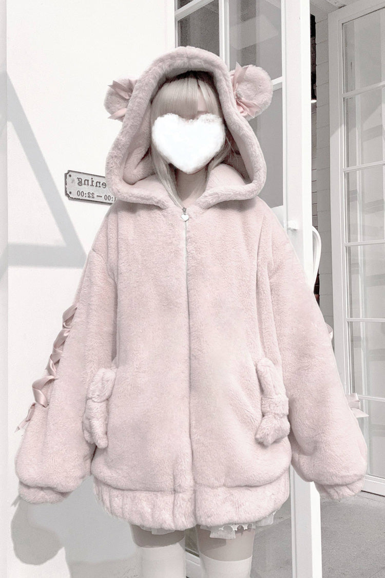 Bear Ears Long Sleeves Bow Lace-Up Hooded Zippered Sweet Jirai Kei Coat