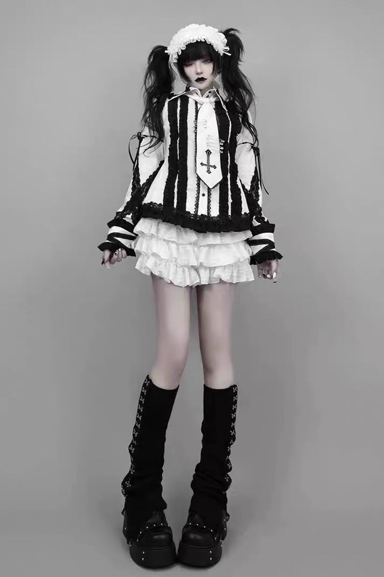 White Black Lapel Collar Long Sleeve Embroidered Gothic Jirai Kei Blouse