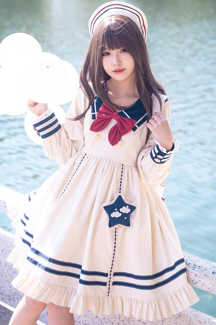 Navy Sweet Lolita Dress with Bowknot Ruffled Long Sleeves