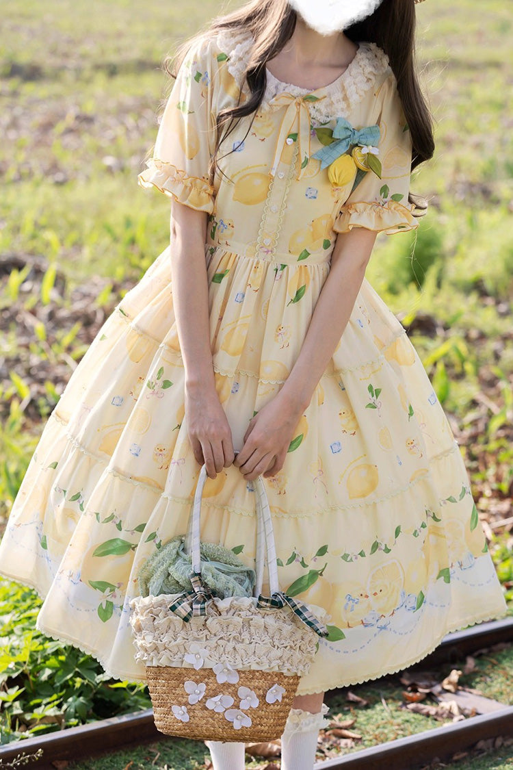 Lemon Chicken Print Short Sleeve Ruffled Bow Lace Daily Sweet Lolita Dress - Yellow