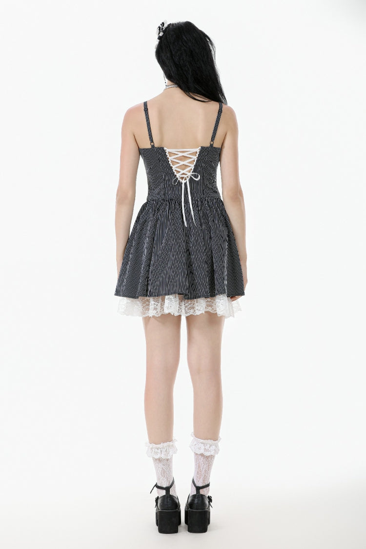 Black/White Pinstriped Sleeveless Lace Lace-Up Women's Gothic Lolita Slip Dress Graduation Dress