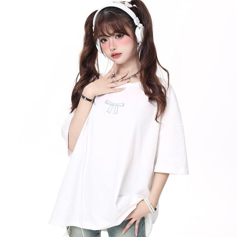 Bow Lace Ribbon Tshirt Matching Bestie Top - Lovesickdoe MK Kawaii Store