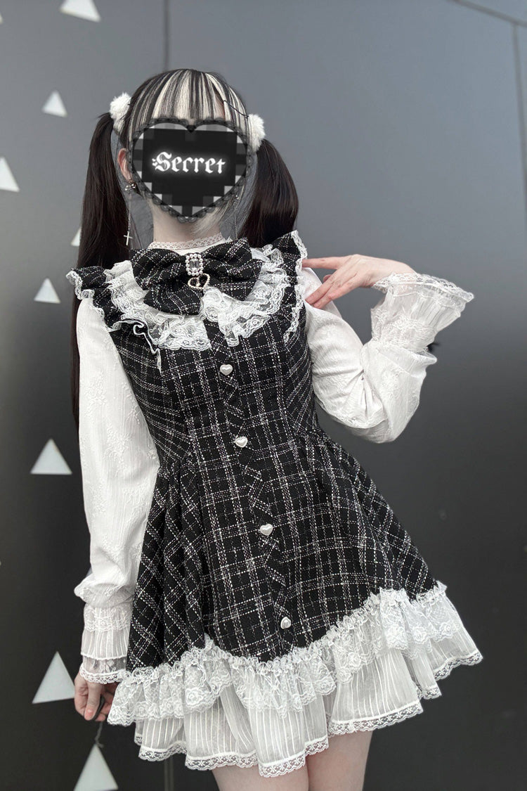 Plaid Printed Ruffled Bow Lace Sweet Jirai Kei Japanese Dress Shorts Set