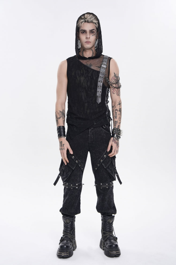 Men's Punk Hooded Vest with Sheer Asymmetric Chain-Decorated Design