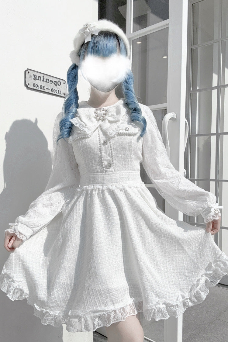 White Long Sleeve Bow Lace Pearl Sweet Jirai Kei Dress