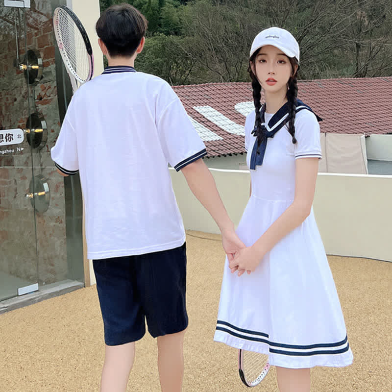 Cute Couple Sailor Collar Dress T-Shirt Shorts