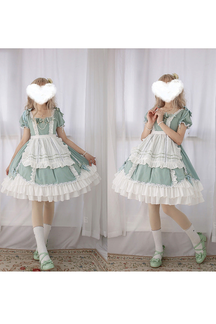 White-Green Sweet Lolita Short Sleeve Ruffle Hanayome Bowknot Dress