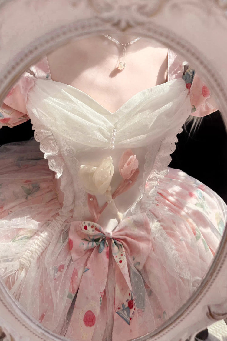 Off Shoulder Short Sleeves Print Ruffle Bowknot Lace Sweet Elegant Lolita Dress - Tulip's Letter