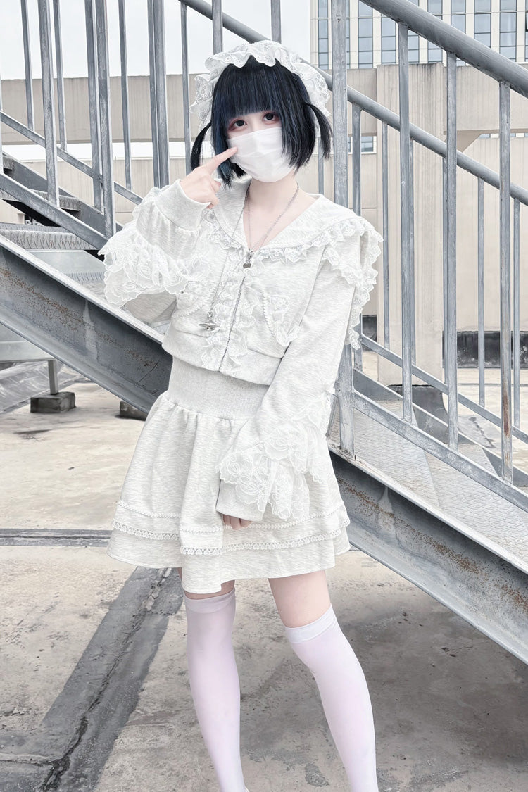 Grey Long Sleeve Ruffled Lace Hooded Jirai Kei Skirt Set
